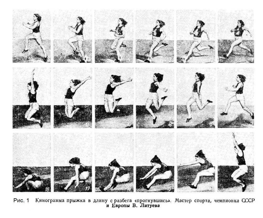 Техника прыжка демонстрируется на кинограмме чемпионки СССР и Европы В. Литуевой 