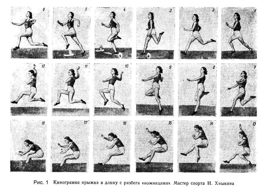 Техника прыжка ножницами демонстрируется па кинограмме прыжка Н. Хныкиной